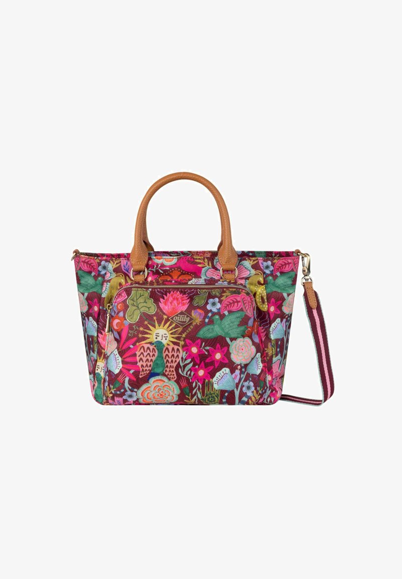 Sac fourre-tout en tissu multicolore avec des motifs floraux et animaliers, poignées en cuir brun et bandoulière rayée amovible.