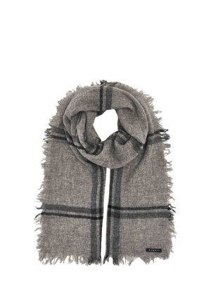 Gray woolen scarf with black stripes and fringed edges, folded and looped in the center, featuring a small black brand label.
