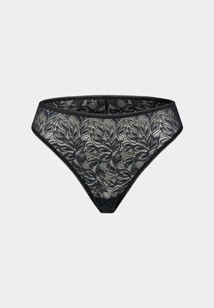 Zwarte kanten bikini-ondergoed met een ingewikkeld bloemenpatroon en gegolfde randen, weergegeven op een neutrale grijze achtergrond.