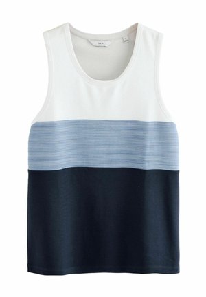 Mouwloos tanktop van katoen; heeft witte, lichtblauwe en marineblauwe horizontale strepen; ronde halslijn en een gladde textuur.