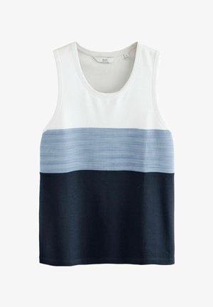 Varrukateta puuvillane top; valgete, helesiniste ja tumesiniste horisontaalsete triipudega; ümar kaelus ja sile tekstuur.