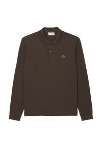 Polo a maniche lunghe marrone in cotone, con colletto a due bottoni e logo di un coccodrillo ricamato in verde sul petto sinistro.