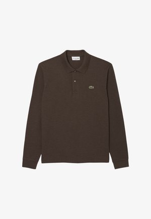 Polo a maniche lunghe marrone in cotone, con colletto a due bottoni e logo di un coccodrillo ricamato in verde sul petto sinistro.