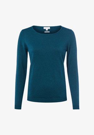 Turkusowy sweter z długim rękawem o okrągłym dekolcie, wykonany z miękkiego materiału. Posiada ribbowane mankiety i dół, oferując dopasowaną sylwetkę.