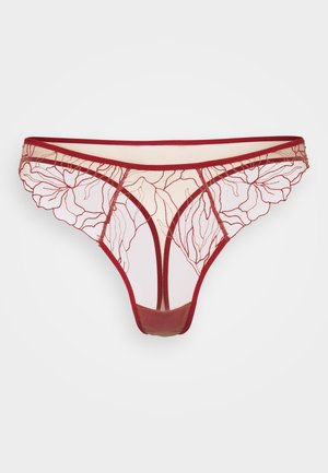 Rode geborduurde string met bloemenpatronen op doorschijnende stof, met een soepele tailleband en delicate, gegolfde randen. Lichtgewicht ontwerp.