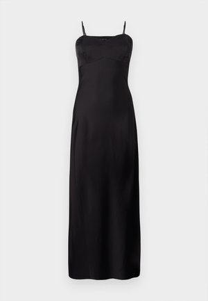 Rochie din satin negru, cu bretele subțiri, având un corset ajustat, siluetă în formă de A și un model până la podea. Textură netedă.