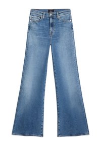 Jasnoniebieskie spodnie jeansowe o szerokich nogawkach wykonane z denimu, z wysokim stanem, pięcioma kieszeniami i subtelnym przetarciem, z gładkim wykończeniem na dole.