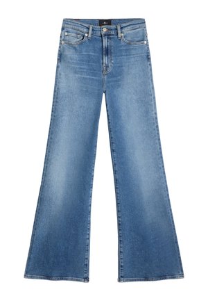 Jasnoniebieskie spodnie jeansowe o szerokich nogawkach wykonane z denimu, z wysokim stanem, pięcioma kieszeniami i subtelnym przetarciem, z gładkim wykończeniem na dole.