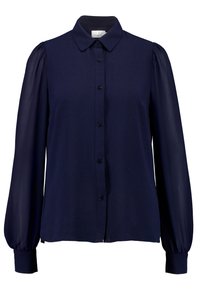Blouse bleu marine avec un devant à boutons, un col et de longues manches bouffantes transparentes, faite d'un tissu léger au toucher doux.