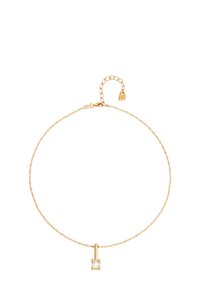 Pulsera de cadena de oro con un colgante central en forma de barra vertical y una sola piedra preciosa transparente. Longitud ajustable con un cierre de langosta y cadena de extensión.