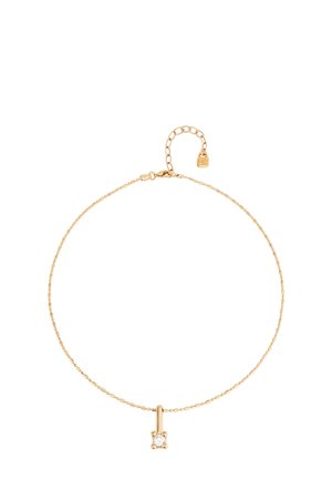 Pulsera de cadena de oro con un colgante central en forma de barra vertical y una sola piedra preciosa transparente. Longitud ajustable con un cierre de langosta y cadena de extensión.