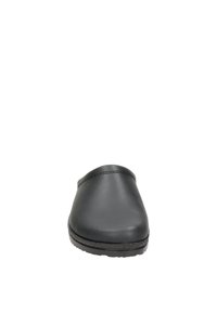 Schwarzer Leder-slipper mit runder Zehenform, glatter Oberfläche, minimaler Naht und flacher Gummisohle. Keine Verzierungen oder Muster.