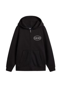 Felpa nera con zip realizzata in cotone, dotata di una tasca frontale, polsini a coste e logo Vans bianco sul petto.