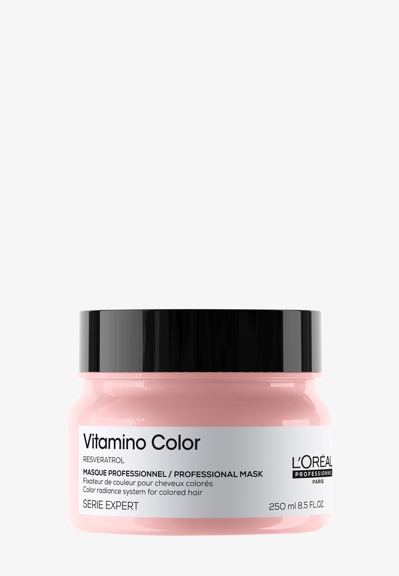 Roze pot van L'Oréal Professionnel Vitamino Color Resveratrol haarmasker voor kleurglans, 250 ml, zwarte deksel, witte tekst op het etiket.