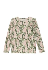 Långärmad skjorta i mjukt tyg, med ett mönster av rosa och gröna tropiska blad samt volanger på axlarna.