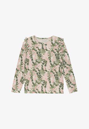 Long-sleeve shirt in soft fabric, featuring a pink and green tropical leaf pattern and ruffled accents on the shoulders.