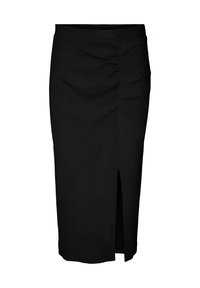 Jupe noire arrivant au genou avec une fente latérale, présentant des détails froncés sur un côté pour ajouter de la texture. Confectionnée en tissu lisse et extensible.