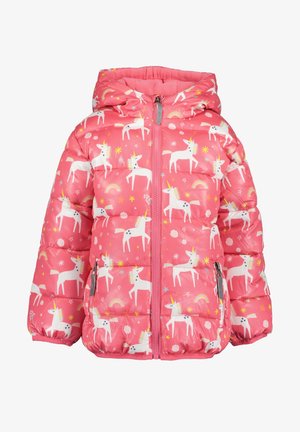 Růžová dětská prošívaná bunda s kapucí, zdobená bílými jednorožci, duhami, hvězdami a květinami, s předním zipem a bočními kapsami.