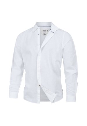 Weißes, langärmliges Hemd mit Knöpfen und Kragen, teilweise geöffnet, aus leichtem Leinenstoff, vor weißem Hintergrund präsentiert.