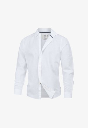 White long-sleeve button-up shirt with collar, partially unbuttoned, made of lightweight linen fabric, displayed against white background.