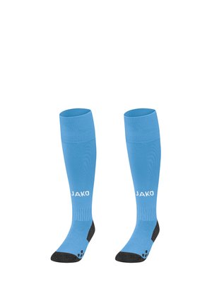 Par blå knæhøje sportsstrømper med sorte hæle og tæer, med mærkenavnet "JAKO" i hvid på lægområdet.