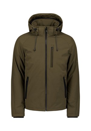 Veste vert olive en matériau soft shell, dotée d'une capuche, d'une fermeture éclair devant et d'accent noir sur les poches et les poignets.