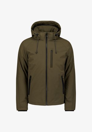 Olijfgroene jas van softshellmateriaal, met een capuchon, een frontale rits en zwarte accenten op de zakken en manchetten.