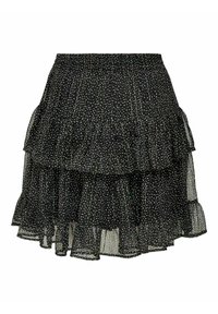 Gonna nera a strati con volant, realizzata in un tessuto trasparente, caratterizzata da un motivo a pois in bianco e colori pastello, con vita elastica.