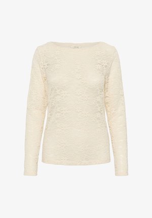 Crème lange mouw kant blouse met bloemenpatroon en ronde halslijn, semi-doorzichtige stof.