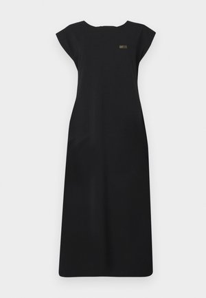Black cotton dress with a round neckline, cap sleeves, and a straight silhouette. Features a small branded gold accent near the chest.