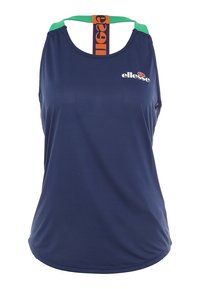 Námořnická modrá bezrukávová sportovní košile se zelenými akcenty, s logem a vzorovaným popruhem na zádech. Hladká, lehká tkanina.