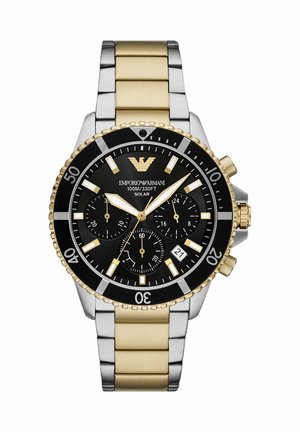 Emporio Armani solur kronograf i tofarvet guld og sølv med sort urskive, guldmarkører, tre underskiver og dato ved kl. 4.