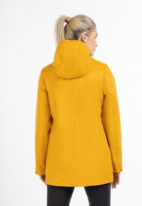 Cappotto impermeabile giallo con cappuccio, design elegante, maniche lunghe e tasche laterali. Caratterizzato da una texture liscia e lucida.