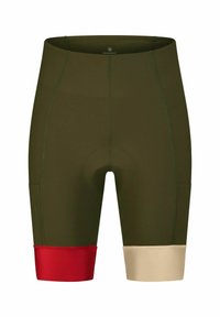 Olijfgroene fietsshorts met een gevoerd zitvlak, voorzien van rode en beige manchetten. Gemaakt van rekbare stof, met gestikte naden en zijzakken.