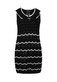Abito nero lavorato a maglia con colletto bianco rotondo, caratterizzato da strisce bianche scallop e un design testurizzato e stratificato in tutto l'abito.