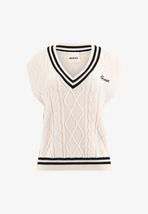 Neulepusero V-pääntiellä, kerma-värinen, lyhyt hiha, palmikkoneulekuvio, ja mustat raidat kauluksessa ja helman kohdalla. Brändilogo läsnä.