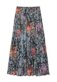 Gonna plissettata in tessuto leggero con una base blu scuro e fantasie floreali colorate in rosa, arancione e verde. Vita elastica.
