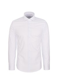Chemise blanche pour homme à manches longues avec boutons, fines rayures verticales et col classique sur fond uni.