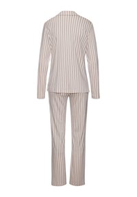 Gestreept pyjama set in lichtroze en blauw. Lange mouwen top met een notch kraag, gecombineerd met bijpassende rechte broek. Zachte stofstructuur.