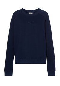 Granatowa bluza z długim rękawem, okrągłym dekoltem, prążkowanymi mankietami i dolnym wykończeniem. Ma subtelne kontrastowe przeszycia oraz haftowane logo na piersi.