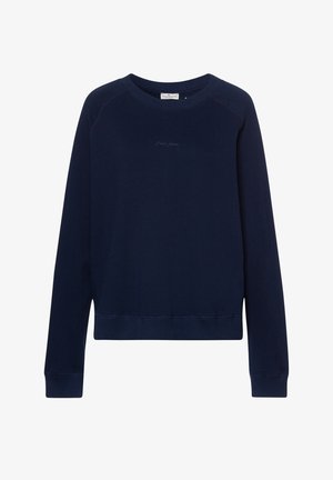 Granatowa bluza z długim rękawem, okrągłym dekoltem, prążkowanymi mankietami i dolnym wykończeniem. Ma subtelne kontrastowe przeszycia oraz haftowane logo na piersi.