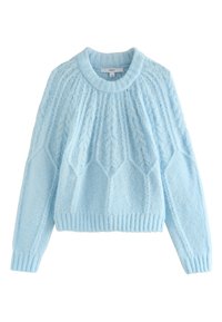 Pull tricoté bleu clair avec motifs torsadés, manches longues, poignets et ourlet côtelés, posé à plat sur fond blanc.