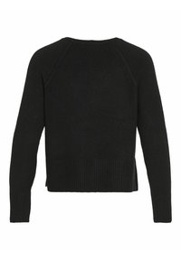 Pull en tricot noir à manches longues avec poignets et ourlet côtelés, montrant le dos avec un col rond et des fentes latérales en bas.