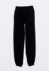 Black sweatpants made from soft fabric, featuring an elastic waistband with drawstring, side pockets, and tapered cuffs at the ankles.
