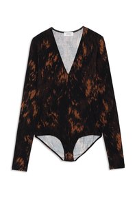 Dugih rukava bodi u crnoj i smeđoj životinjskoj printu, s dubokim V-izrezom, mekim materijalom i kopčanjem na dnu.