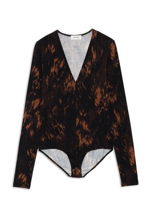 Langärmliger Body in Schwarz-Braun mit Tierdruck, mit tiefem V-Ausschnitt, weichem Stoff und Druckknopfverschluss an der Unterseite.