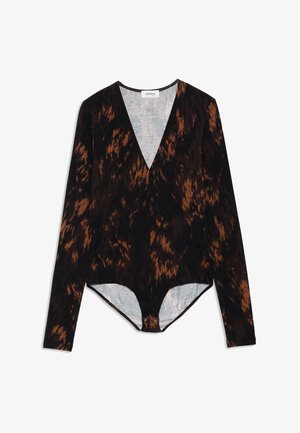 Long-sleeve bodysuit in black and brown animal print, featuring a deep V-neck, soft fabric, and snap closure at the bottom.