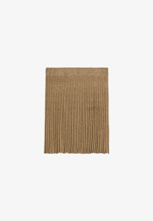 Metallic gold plissierte Skirt mit strukturiertem Stoff und vertikalen Streifen sowie einem breiten Bund, der oben glatt ist und darunter fließend verläuft.