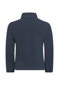 Pullover blu scuro con colletto alto, maniche lunghe e una texture liscia; presenta un design semplice e aerodinamico senza ulteriori dettagli.