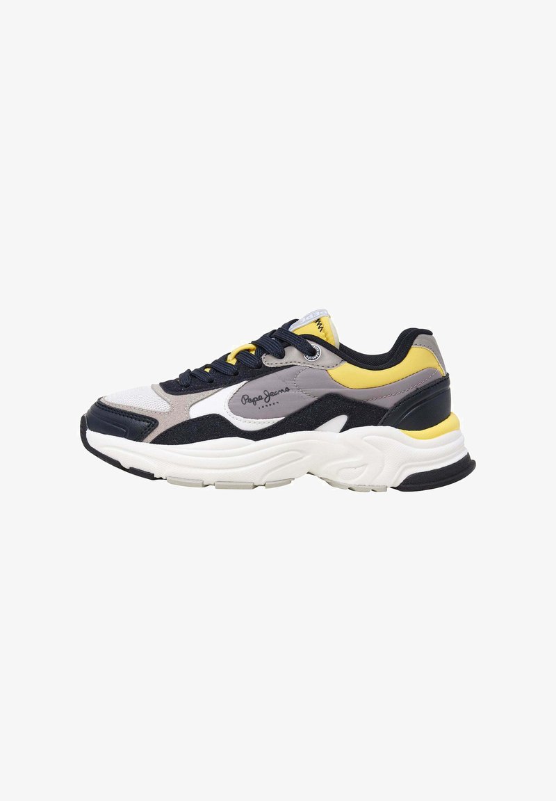 Tenisice s kombinacijom materijala u sivoj, mornarsko plavoj i žutoj boji. Debeli bijeli potplat, istaknuti logo i kontrastne teksture.